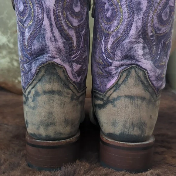 DAN POST DP3802 Distressed brown/purple leather square toe cowgirl boots sz 10